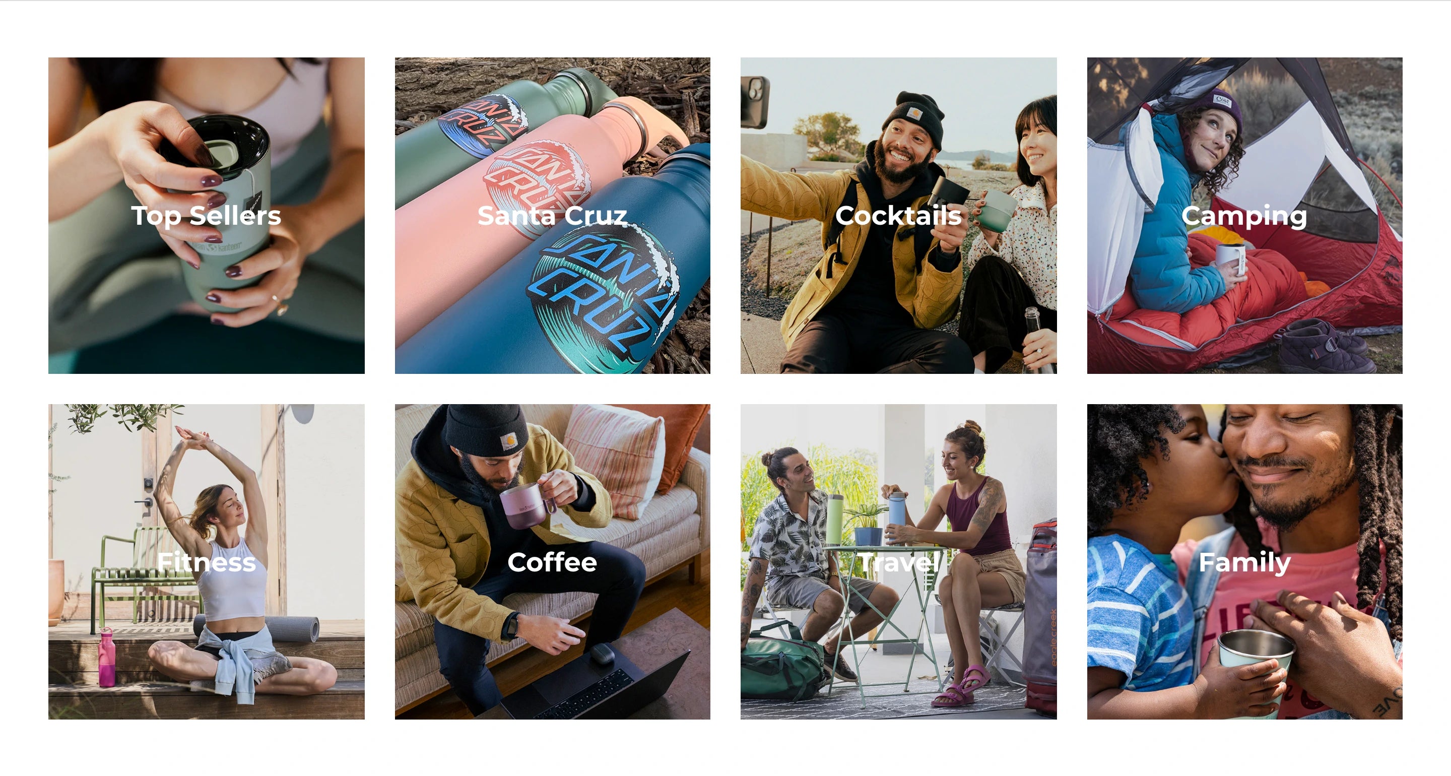 Top Sellers, Santa Cruz, Cocktails, Camping, Fitness, Coffee, Travel, and Family collections